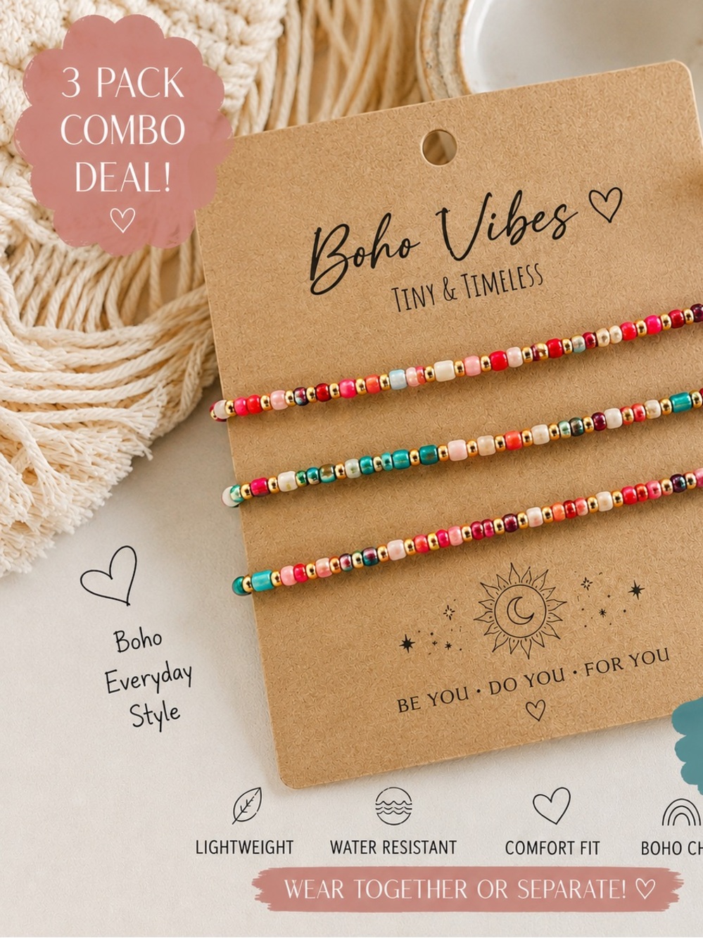 NWT Hippie Beaded Bohemian Bracelet OR Ankle  Set - Multicolor Random